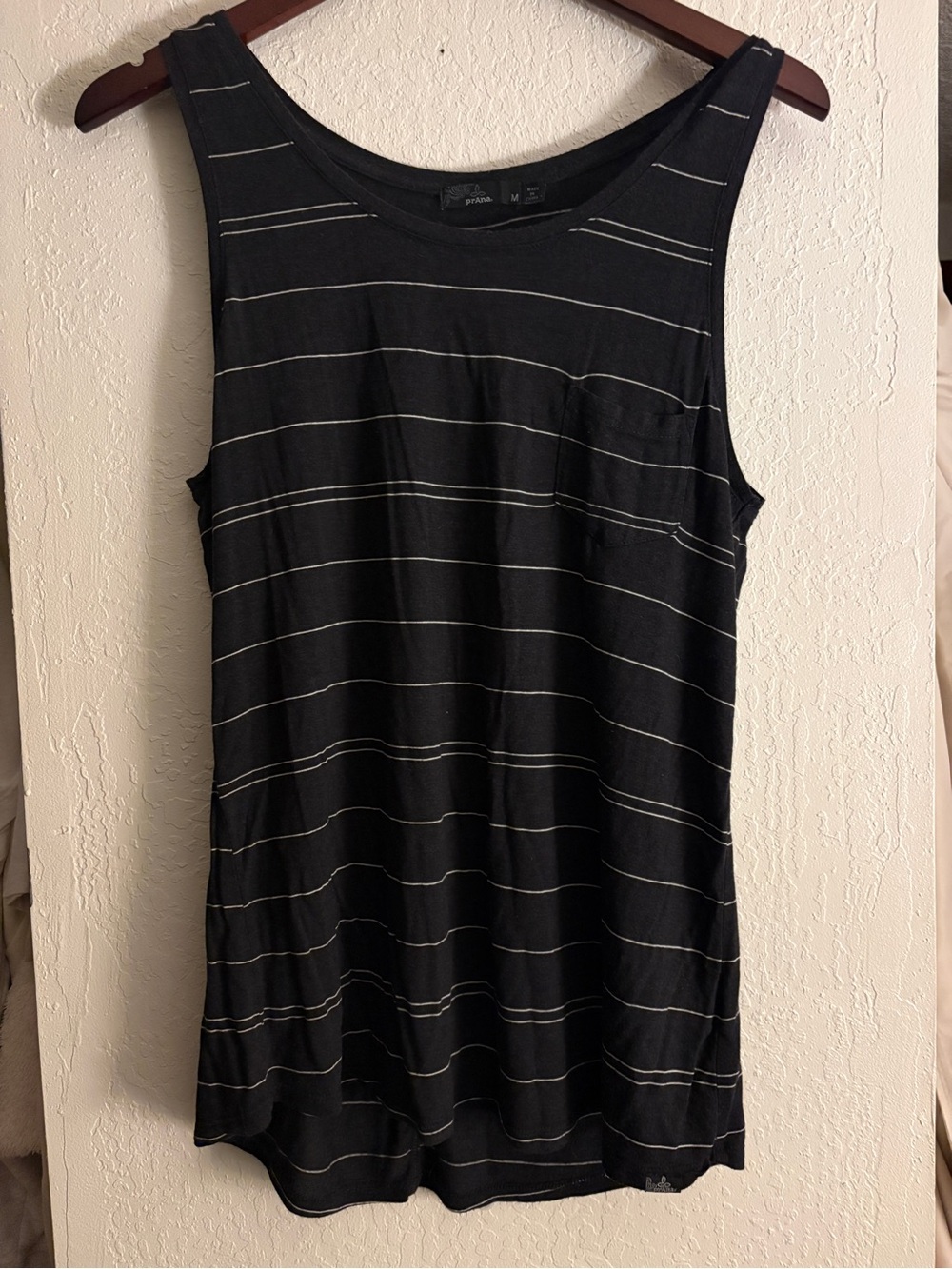 Prana Black Tank Top with Thin White Stripes